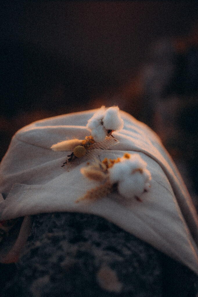 Fleurs de coton pour des noces de coton, détail séance couple Chartreuse