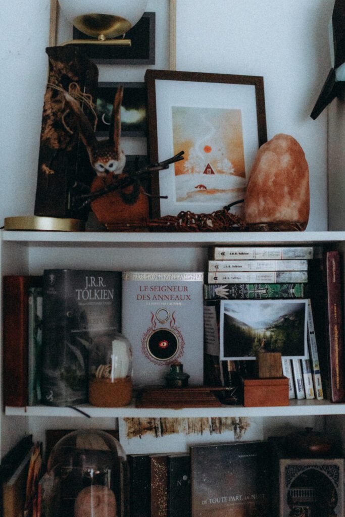 Bibliothèque personnelle avec Tolkien et objets de collection, références culturelles d'une photographe