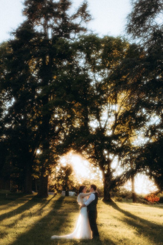 Mariés minuscules sous de grands arbres, contre-jour doré au Domaine de Tourieux