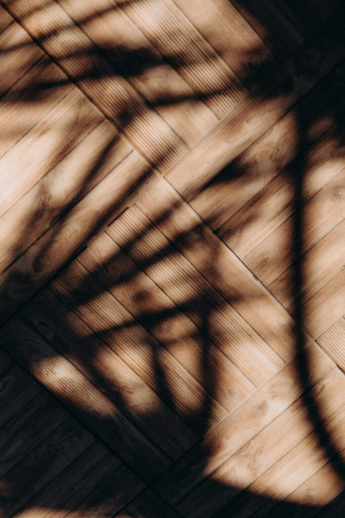 Ombre de palmes sur une terrasse en bois, lumière de Crète